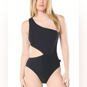 NWT Michael Kors Women’s One Shoulder Side Cut Out Swimsuit Ribbed Black MM7Y827